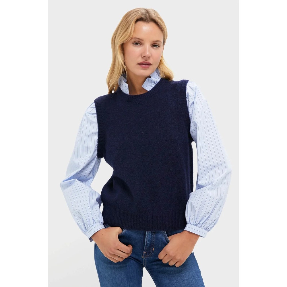 Tuckernuck Navy Striped Ella Sweater Blouse Mixed Media Ruffle Top 2XL